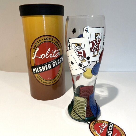 LOLITA HAND PAINTED PILSNER GLASS 22oz "POKER" Cards Chips NEW IN BOX - Picture 1 of 11